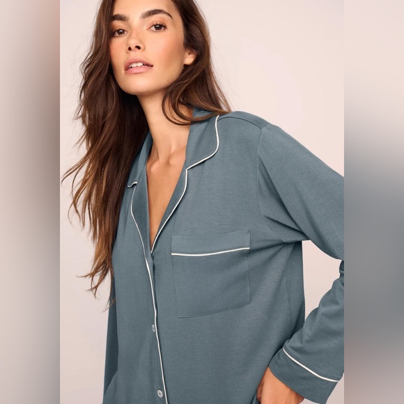 Eberjey Blue Pajama Set with White Trim - Picture 5 of 7